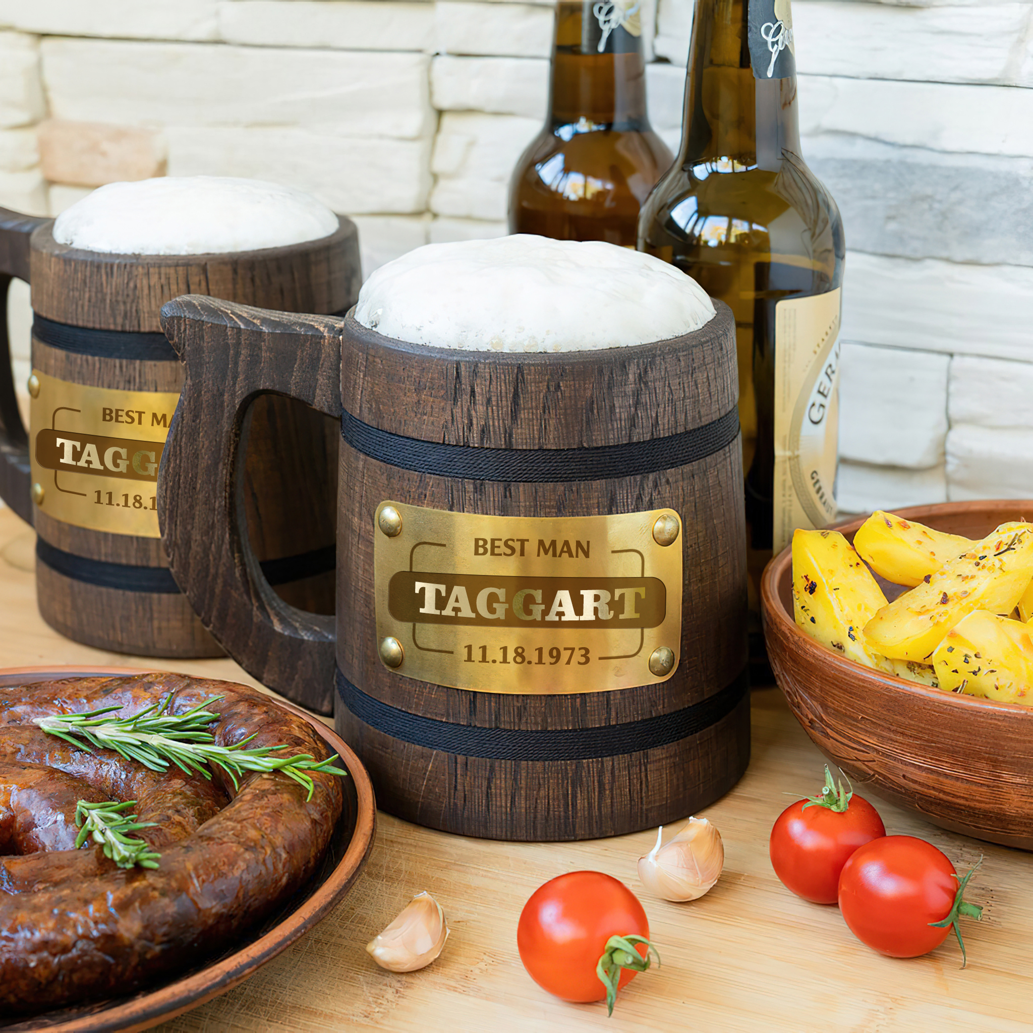 TAGGART Name - Personalized Gift For Groomsman Wooden Beer Mug, Best Man Gift or Bachelor Party Gifts