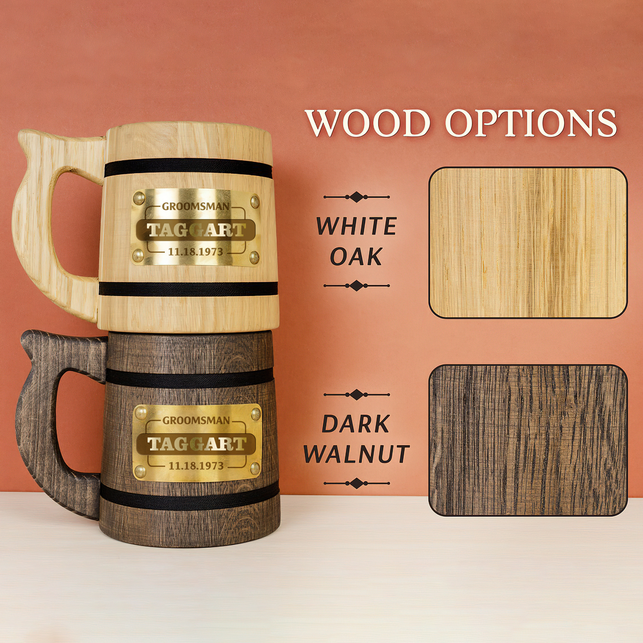 TAGGART Name - Personalized Gift For Groomsman Wooden Beer Mug, Best Man Gift or Bachelor Party Gifts