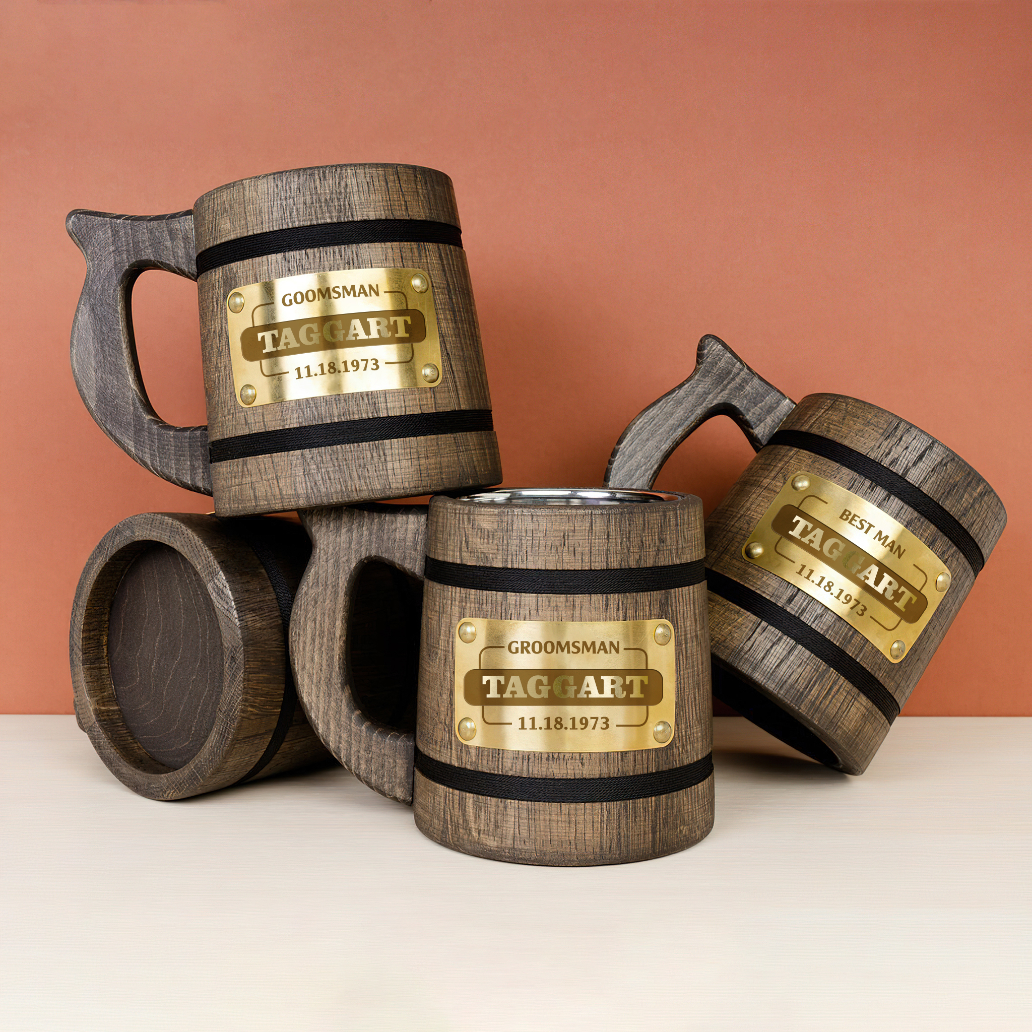 TAGGART Name - Personalized Gift For Groomsman Wooden Beer Mug, Best Man Gift or Bachelor Party Gifts