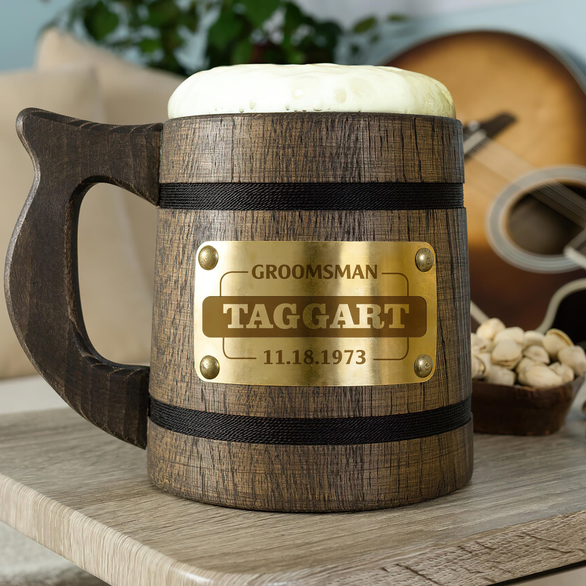 TAGGART Name - Personalized Gift For Groomsman Wooden Beer Mug, Best Man Gift or Bachelor Party Gifts